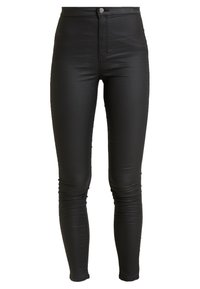 Mustat korkeavyötäröiset skinny farkut joustavasta materiaalista, joissa on vetoketjulukko ja yksi etupainike. Sileä pinta ilman kuvioita.