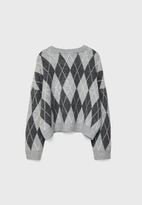 Grau- und schwarz kariertes, verkürztes Sweatshirt mit ribbeltem Ausschnitt und langen, weiten Ärmeln aus einem weichen Wollmix.