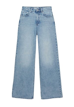 Lichtblauwe wijde jeans van denim met een hoge taille, een vijfzakkenontwerp en zichtbare stiksels. Voorzien van een ritssluiting en knoopsluiting.