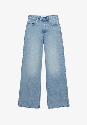 Lichtblauwe wijde jeans van denim met een hoge taille, een vijfzakkenontwerp en zichtbare stiksels. Voorzien van een ritssluiting en knoopsluiting.