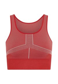 Roter Sport-BH aus strukturiertem Material, mit einem Netzdesign und diagonalen Streifen sowie kontrastierenden weißen Nähten entlang der Säume.