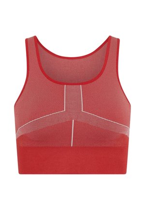 Rød treningstop laget av teksturert stoff, med et nettdesign og diagonale striper samt kontrasterende hvite sømmer langs sømmene.