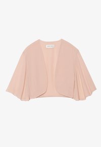 Jasnoróżowa damska bolerko z krótkim, otwartym przodem i szerokimi, trzyczęściowymi rękawami z falbanami.