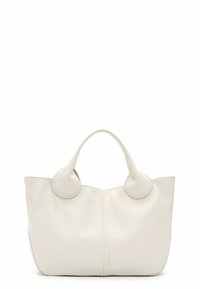 Borsa tote in pelle bianca con manici arrotondati, superficie texture e design senza cuciture. Presenta una cucitura centrale e uno stile minimalista.