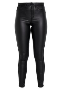 Black, fitted faux leather pants with a smooth texture, high waist, and standard five-pocket design.