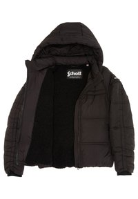 Giacca a vento nera con cappuccio, dotata di zip, esterno trapuntato e fodera interna morbida e pelosa. Logo Schott visibile sull'etichetta.