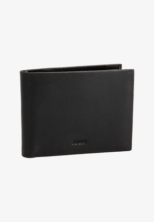 Černá kožená peněženka s hladkým povrchem, na dvojité překlápění a s vyraženým logem na přední straně. Okraje jsou čistě prošívané pro zvýšení odolnosti.