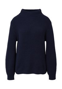 Marine gebreide trui met een hoge nek, brede mouwen en een textuurpatroon. Heeft ribgebreide manchetten en zoom voor een comfortabele pasvorm.