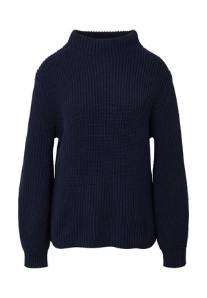 Marineblauer Strickpullover mit hohem Kragen, weiten Ärmeln und einem strukturierten Muster. Mit gerippten Bündchen und Saum für eine gemütliche Passform.