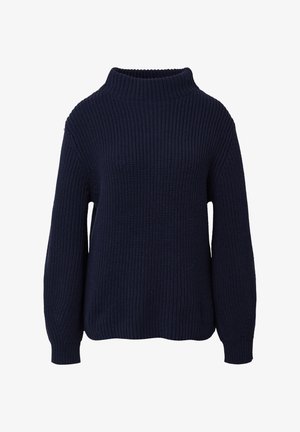 Pull en tricot bleu marine avec un col montant, des manches larges et un motif texturé. Doté de poignets et d'un ourlet côtelés pour un ajustement confortable.