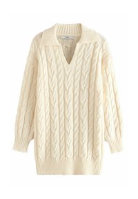 Pull en tricot couleur crème avec un motif en câble, décolleté en V et large col. Manches longues avec des poignets et un ourlet côtelés.
