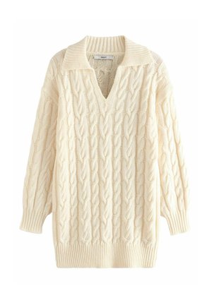 Cremefarbenes Strickpullover mit Zopfmuster, V-Ausschnitt und weitem Kragen. Lange Ärmel mit gerippten Bündchen und Saum.