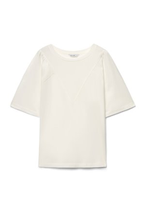 T-shirt bianca a maniche corte con scollo rotondo e sottile dettaglio diagonale di cucitura sul davanti.