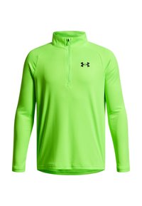 Pull-over à manches longues et à fermeture éclair quart en tissu néon vert vif. Présente un logo noir sur la poitrine et une texture lisse et légère.