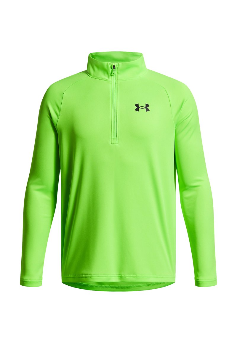 Pull-over à manches longues et à fermeture éclair quart en tissu néon vert vif. Présente un logo noir sur la poitrine et une texture lisse et légère.