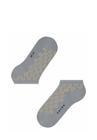 Graue Knöchelsocken mit beigen kreisförmigen Mustern. Aus einem weichen Material gefertigt und mit einem "FALKE"-Logo an der Seite versehen. Rutschfeste Ausführung.