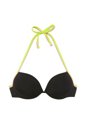 Schwarzes Bikini-Oberteil mit neongrüner und pinker Einfassung, ausgestattet mit gepolsterten Cups und Verschluss zum Binden im Nacken.