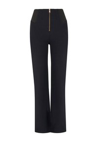 Pantaloni neri con vita alta, dotati di una zip frontale e pannelli in tessuto a contrasto in vita. Texture liscia e gamba svasata.