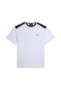 T-shirt bianco a maniche corte con dettagli neri sulle spalle e logo "FREDDY" sul petto. Realizzato in tessuto liscio con design a girocollo.