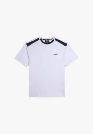 T-shirt à manches courtes blanche avec des accents noirs sur les épaules et le logo "FREDDY" sur la poitrine. Fabriqué en tissu lisse avec un col rond.