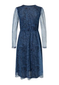 Blaues Blumenmusterkleid mit tailliertem Oberteil und schwingendem Rock. Verfügt über lange durchsichtige Ärmel und ein schwarzes Blumenmuster auf dem Stoff.