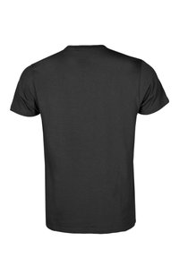 Schwarzes Baumwoll-T-Shirt mit Rundhalsausschnitt, kurzen Ärmeln und einem geraden Saum. Die Rückseite ist schlicht ohne Grafiken oder Verzierungen.