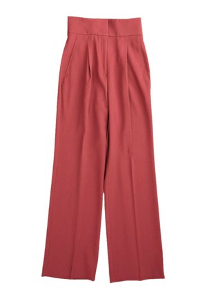 Pantalones de tiro alto y pernera ancha en un color rojo apagado con pliegues frontales y bolsillos laterales.