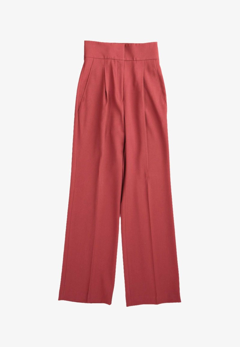 Pantalon taille haute à jambes larges de couleur rouge atténué avec plis devant et poches latérales.