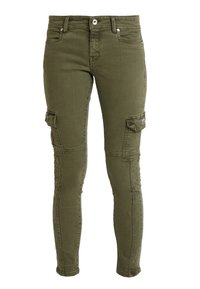 Pantalones cargo verde oliva con un corte ajustado, que cuentan con múltiples bolsillos laterales, cierre de botón y una tela suave y ligeramente elástica.