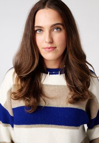 Gebreide trui met horizontale strepen in beige, blauw en crème. Heeft een ronde halslijn en een zachte, textuurrijke stof.