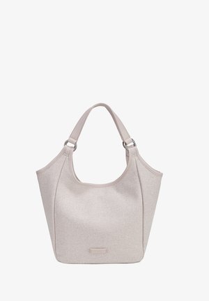 Borsa a mano in tessuto beige chiaro con manici larghi fissati da anelli metallici, forma strutturata e design minimalista.