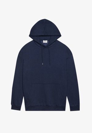 Sweatshirt azul-marinho feito de algodão, com um bolso frontal, capuz ajustável com cordão, punhos canelados e um design liso.