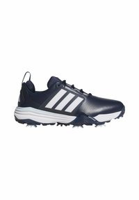 Chaussure de golf Adidas noire et blanche avec trois bandes blanches, design lacets et semelle cloutée pour la traction.