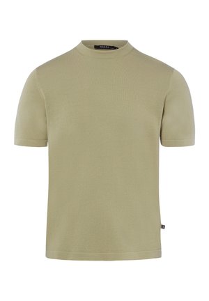 Kurzärmliges, hellolivgrünes T-Shirt mit Rundhalsausschnitt und kleinem Seitenschild, dargestellt vor weißem Hintergrund.