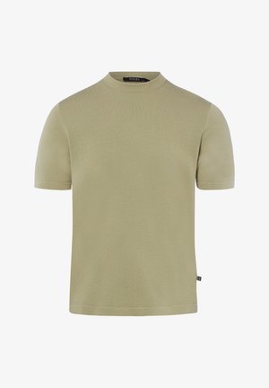 Kurzärmliges, hellolivgrünes T-Shirt mit Rundhalsausschnitt und kleinem Seitenschild, dargestellt vor weißem Hintergrund.