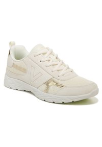 White athletic sneakers featuring a mesh upper, suede accents, and a textured rubber sole with a geometric pattern. Gold branding detail included.