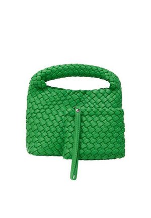 Geweven groene handtas met een gestructureerde vorm, een bovenhandvat en een afneembare ritszak met bijpassende groene accenten.