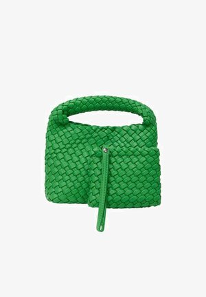 Tkaná zelená kabelka se strukturovaným tvarem, horním uchopovacím držadlem a odnímatelnou zipovou kapsou s ladícími zelenými akcenty.