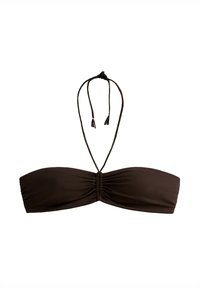 Rjav bandeau bikini zgornji del z nabranim središčem in nastavitelnimi trakovi. Narejen iz gladkega blaga, se ponaša s preprostim dizajnom brez vzorcev.