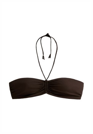 Brown bandeau bikini top with a gathered center and adjustable ties. Made of smooth fabric, it features a simple design without patterns.