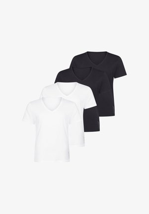 Zwei weiße und zwei schwarze T-Shirts mit kurzen Ärmeln und V-Ausschnitt, diagonal auf einem weißen Hintergrund gestapelt.