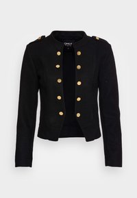 Svart jacka i mjukt tyg, med hög krage, militärinspirerad design, guldknappar och strukturerad silhuett. Utan stängning, kort längd.