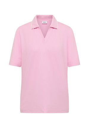 Jasnoróżowa koszulka polo z krótkim rękawem, rozpiętym kołnierzykiem i białą lamówką na krawędzi kołnierza, gładki wzór, miękka tkanina.