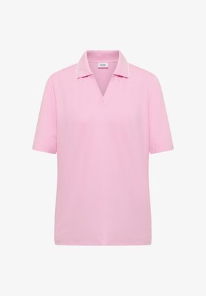 Vaaleanpunainen lyhythihainen poolopaita, jossa avoin kaulus ja valkoinen reuna kauluksen reunassa, yksivärinen muotoilu, pehmeä kangas.