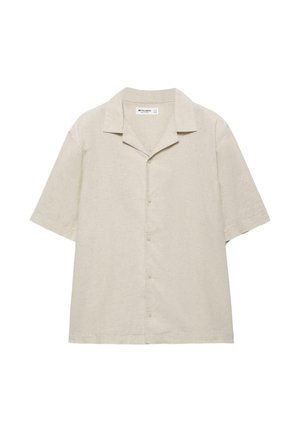 Beige short-sleeve button-up shirt with camp collar and relaxed fit, made from lightweight fabric.