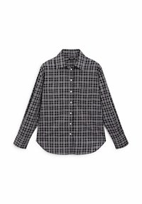 Czarna i szara koszula w kratę z długim rękawem, z zapięciem na guziki, jedną kieszenią na piersi, klasycznym kołnierzykiem i zaokrąglonym dołem.
