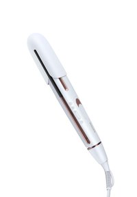 Witte haarstyler met een gebogen ontwerp, roségouden accenten, bedieningsknoppen en een lange elektrische kabel. Glad, glanzend oppervlak.
