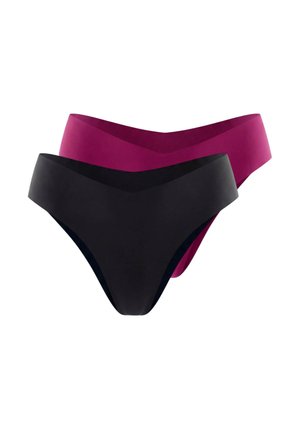 Zwei nahtlose Damen-Bikini-Unterhosen in Schwarz und Dunkelmagenta, gestapelt vor weißem Hintergrund dargestellt.