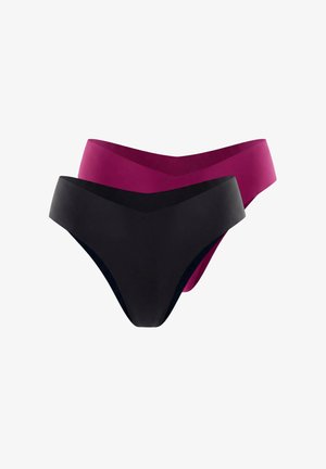 Dwa bezszwowe damskie majtki bikini w kolorze czarnym i ciemnym magencie, wyświetlone na stosie na białym tle.