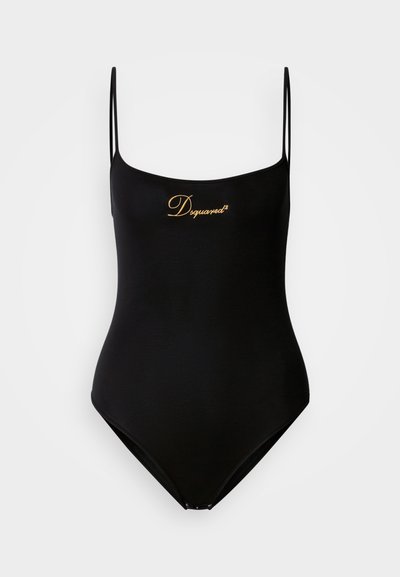 Maillot de bain noir à fines bretelles, avec logo doré "Dsquared²" à l'avant, en matière lisse, conçu pour une silhouette ajustée.